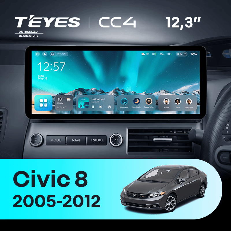 Штатная магнитола Teyes CC4 12.3" 8/128 Honda Civic 8 FK FN FD (2005-2012) Правый руль