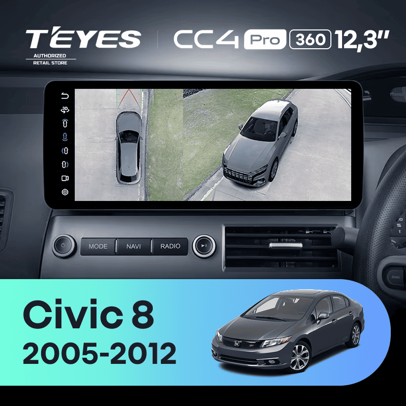 Штатная магнитола Teyes CC4 Pro 12.3" 360 8/128 Honda Civic 8 FK FN FD (2005-2012) Правый руль