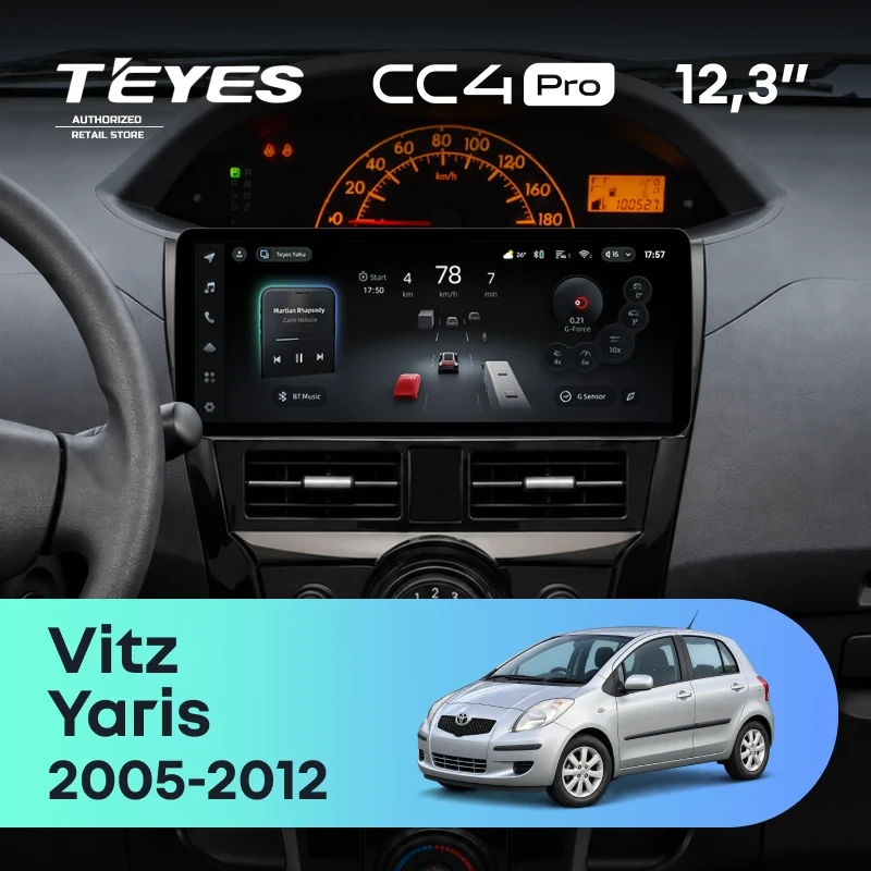 Штатная магнитола Teyes CC4 Pro 12.3" 8/128 Toyota Yaris 2 XP90 (2005-2012) (черный глянец)
