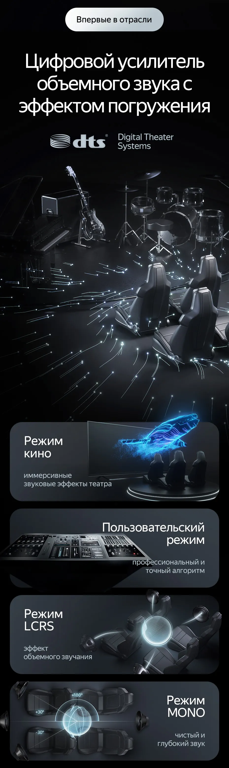 Цифровой усилитель с эффектом погружения DTS: режимы кино, LCRS, пользовательский и mono